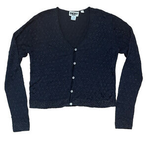 Y2K DKNY Jeans Beaded Cardigan Sweater Black Button Front Oversized M Vamp Glam